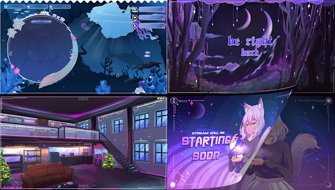 design animated stream overlay vtuber anime style for twitch, kick, youtube