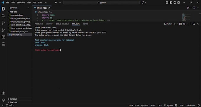 develop a python backend donation and request management system with matching
