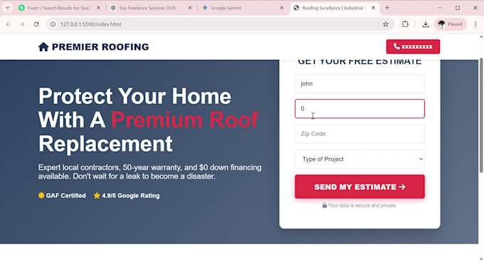 design high converting roofing landing page for lead generation