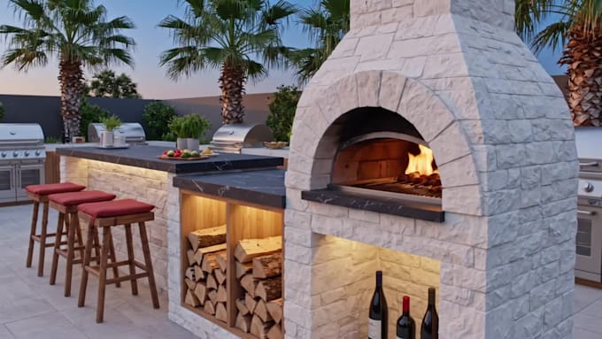 design outdoor kitchen BBQ patio with photorealistic 3d rendering