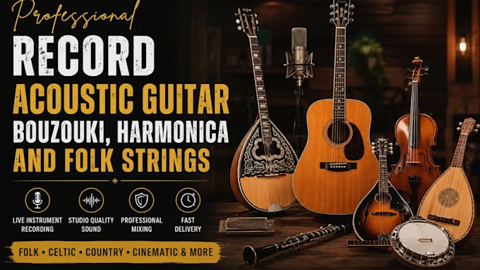 record acoustic guitar, bouzouki, harmonica and folk strings