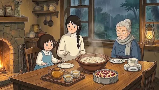 create anime inspired, hand drawn 2d anime style animation, with soft background