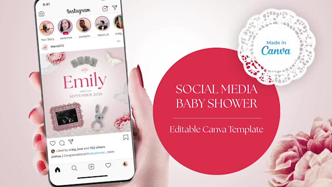 create baby girl pregnancy announcement template, editable in canva