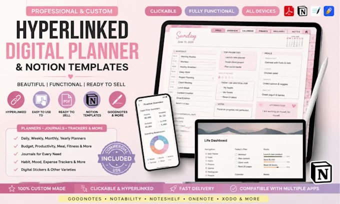 create a hyperlinked digital planner, etsy digital planner, adhd notion template