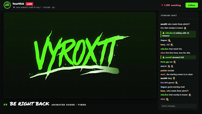 design an animated stream overlay package for twitch, kick and tiktok