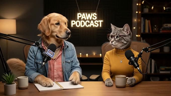 create a realistic ai dog taik, ai funny cat podcast video
