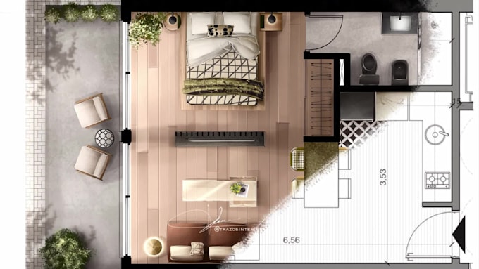 create a colored 2d floor plan with furniture for your interior project