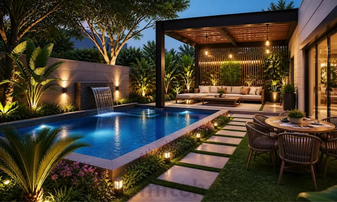 backyard landscape design, 3d landscape design, frontyard pergola rendering