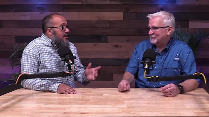 create a 2 person male ugc podcast video
