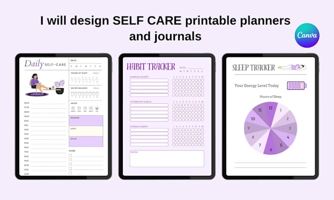 design self care planner, journal, and tracker in canva