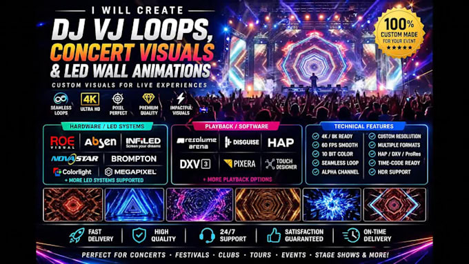 create dj vj loops, concert visuals for roe visual, absen, hap, dxv led walls