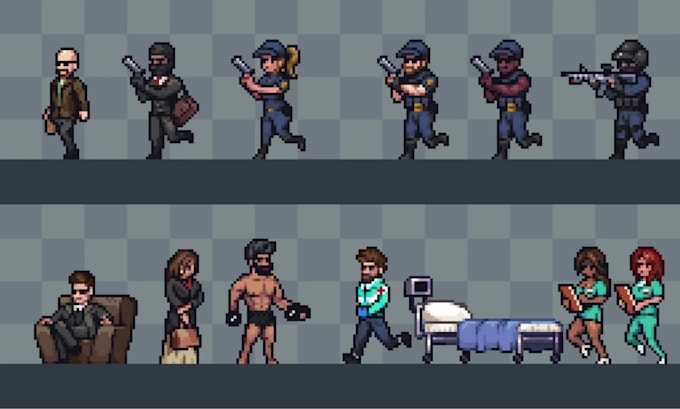 create 16bit, 32bit pixel art character, sprite sheet, top down pixel animation
