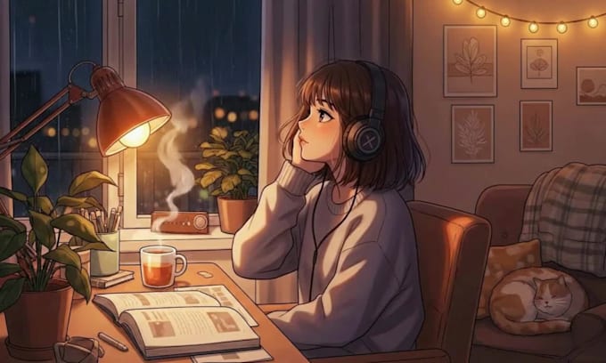 create lofi loop animation, loop animation music video cozy anime lofi animation