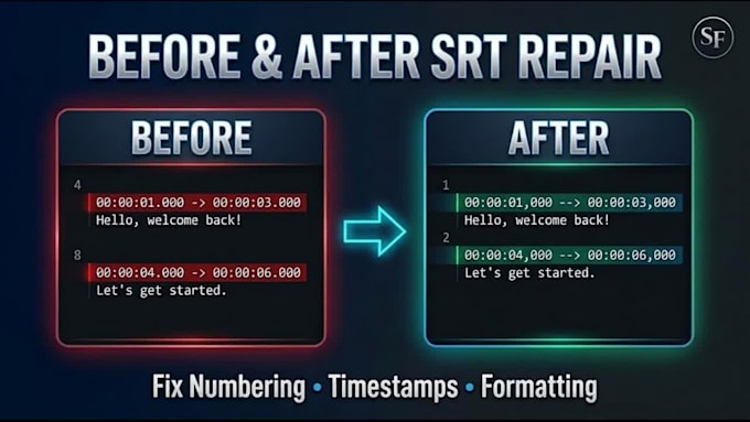 fix srt subtitle formatting, numbering and timestamp errors