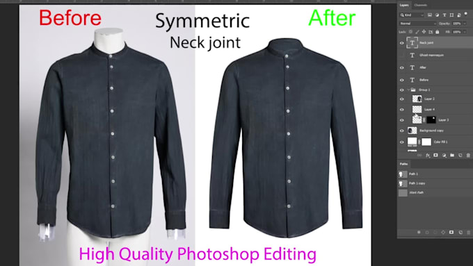 do symmetrical ghost mannequin, dummy remove, cloth retouch