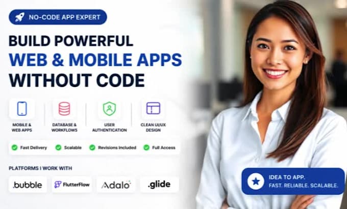 build no code app, flutterflow mvp mobile app developer, adalo, glide, bubble io