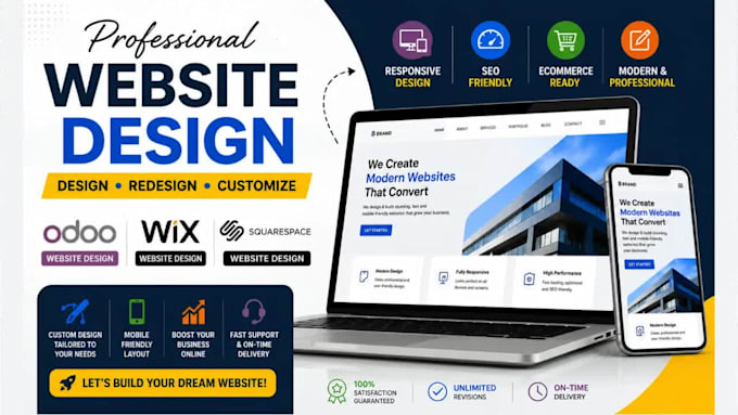 design and redesign odoo website design, wix website, squarespace website