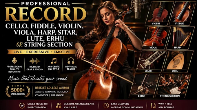 record cello, fiddle, violin, viola, harp, sitar, lute,   erhu or string section