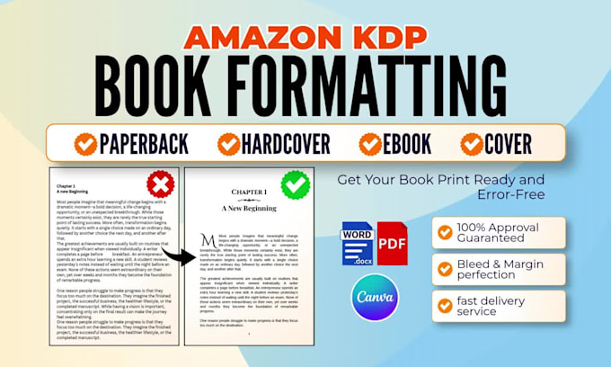 format your book for amazon KDP paperback, hardcover and ebook