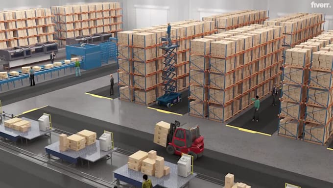 design 3d smart factory logistics and robotic warehouse animation