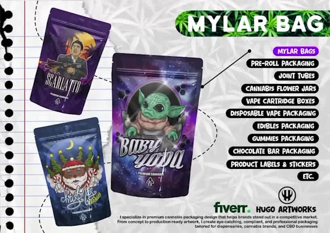 design premium cannabis mylar bag, pouch, and packaging