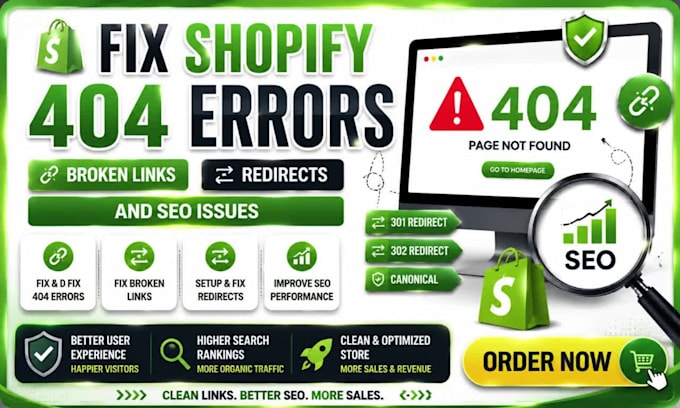 fix shopify broken pages, error 404, seo issues, broken links, shopify error 404