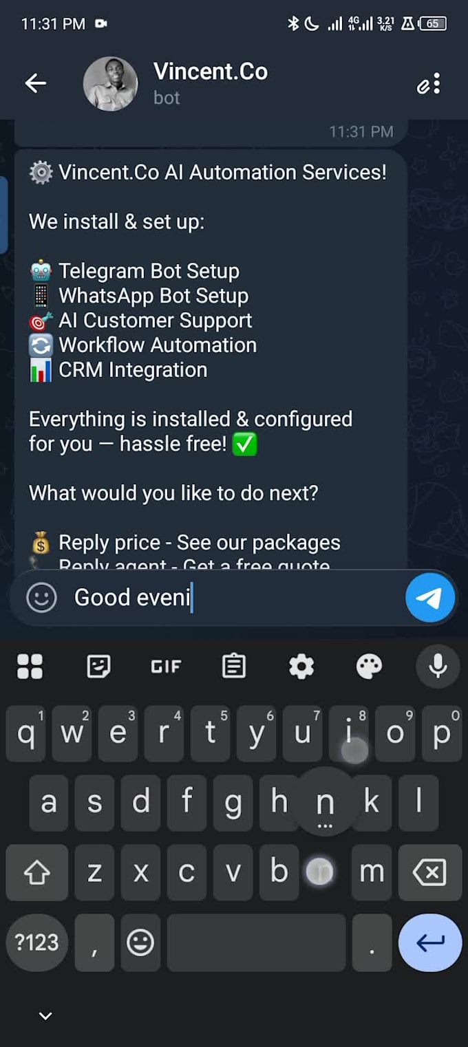 create a professional telegram chatbot with welcome message