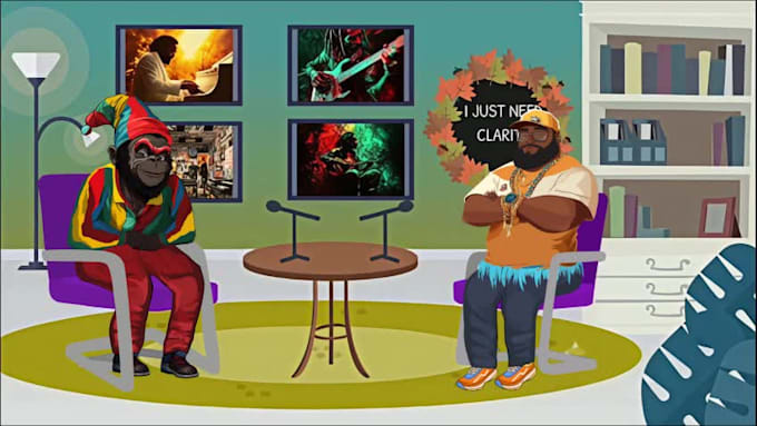 create a professional 2d animated podcast video with talking characters
