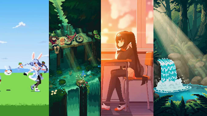 create lofi pixel animation, pixel background, loop animation and animated gif