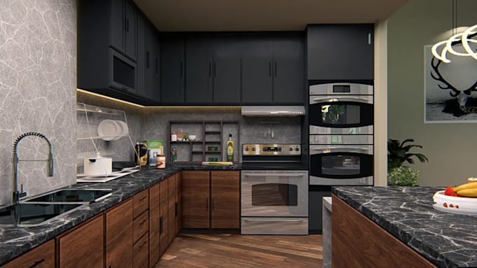 design kitchen with 3d modeling and realistic rendering