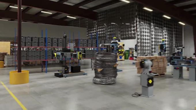 create 3d industrial factory animation, warehouse manufacturing visualization