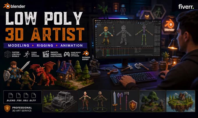 do 3d character modelling low poly game assests animation in blender