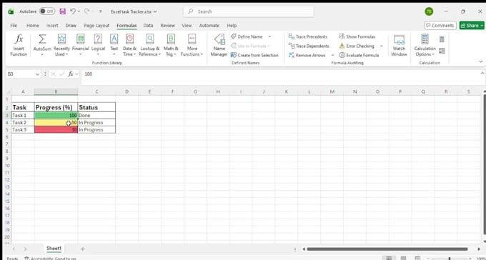 create an automated excel task tracker with progress and status