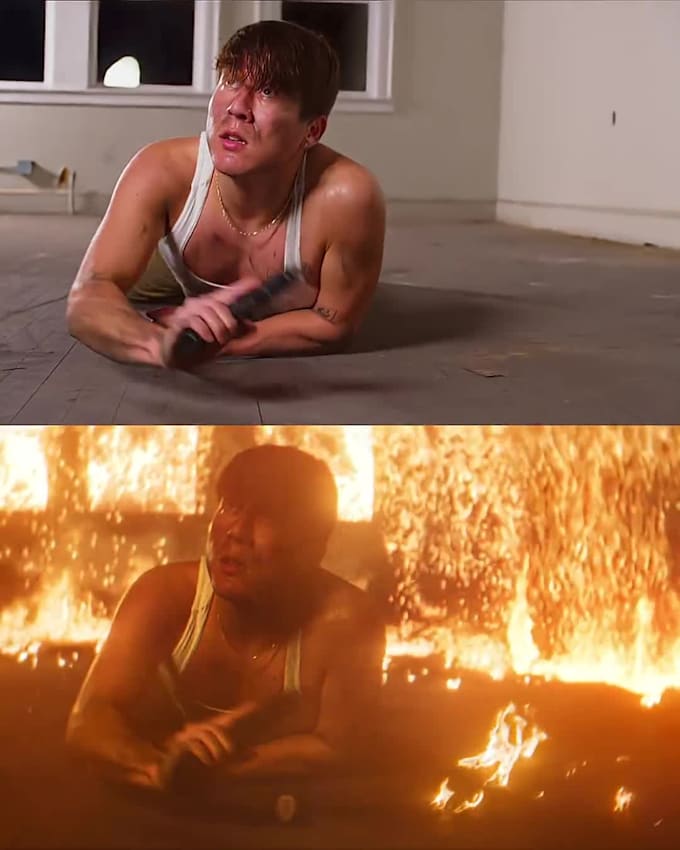 create cinematic vfx fire explosion and compositing, smoke, blood and fog effect