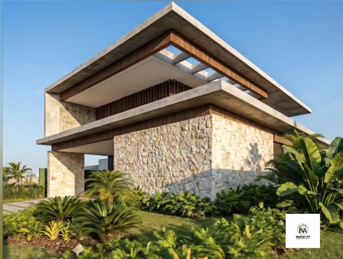 design a modern 3d house facade and landscape rendering