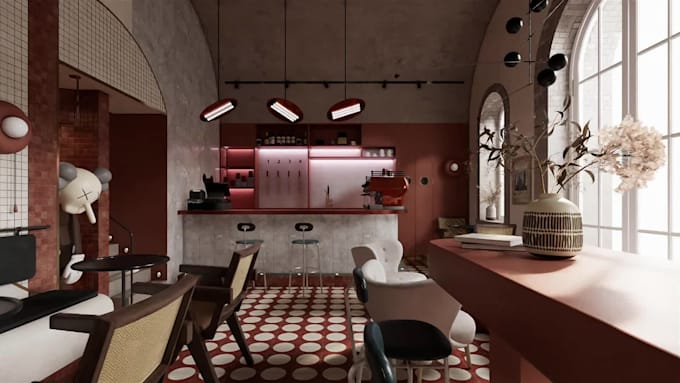 create interior design and photorealistic 3d rendering for house, bar and