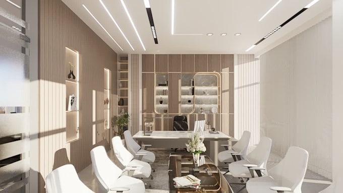 model and render a modern luxury office interior in 3d