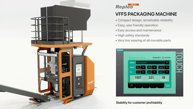 create 3d animation for end of line packaging and palletizing