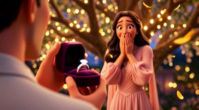 create a cinematic engagement proposal video with ai pixar animated characters