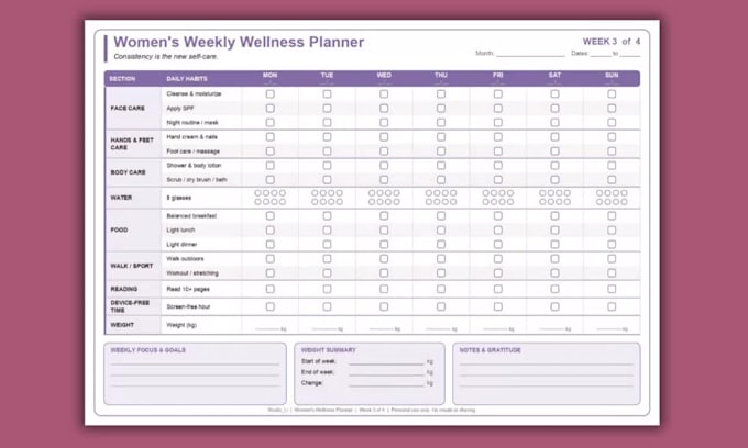 design custom printable and digital womens wellness planner