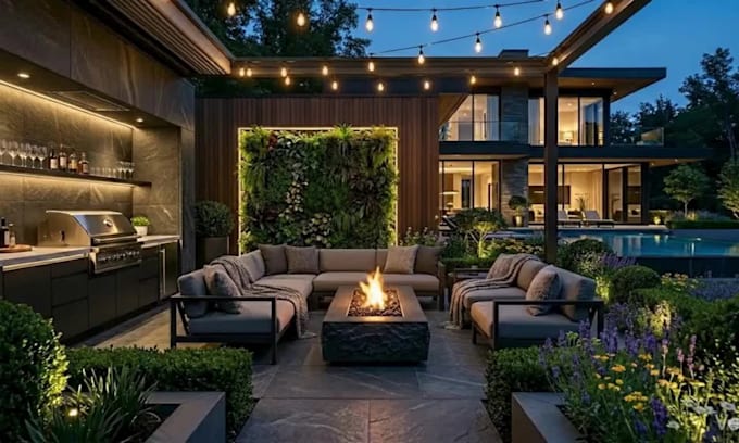design 3d rendering backyard landscape, patio, pool, garden plan