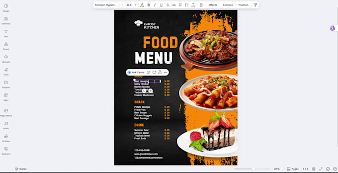 create an elegant canva restaurant menu or ghost kitchen menu