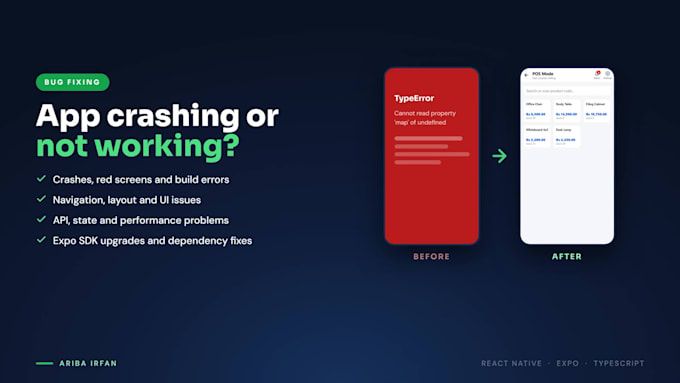 develop react native expo mobile apps and fix bugs