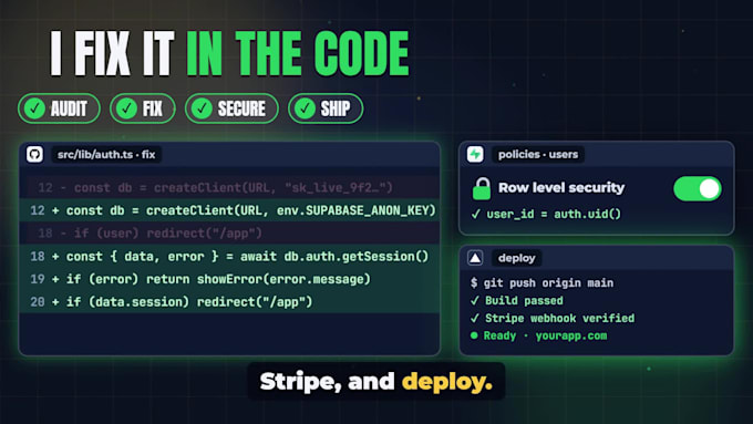 fix, secure and deploy your lovable, bolt, base44 or replit vibe coded app