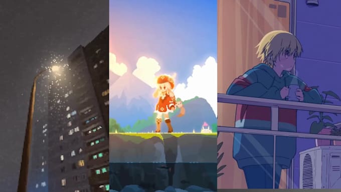 create lofi loop animation, lofi hiphop animated gif, chill 2d loop illustration