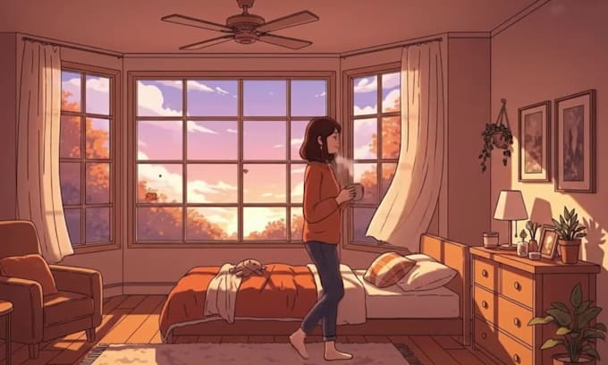 create authentic lofi girl loop, lofi cartoon loop animation gif animation video
