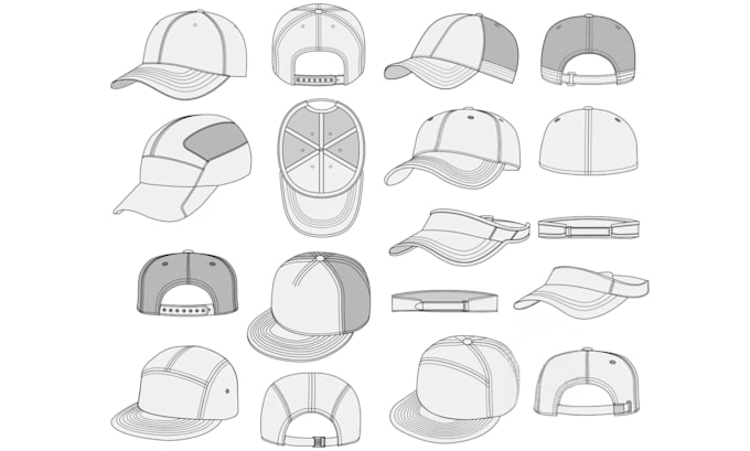 make custom flat sketch hat trucker, snapback, dad caps tech packs with mockup
