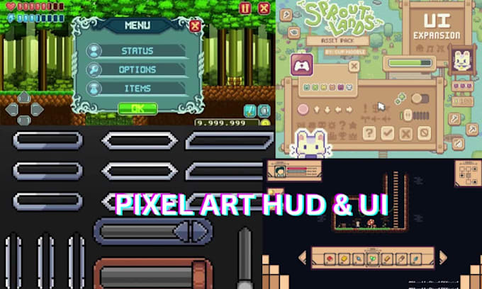 create pixel art game UI, hud, bars, frames and retro gui assets