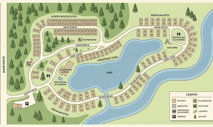 vector map rv park map site plan, location campground map, business guide map