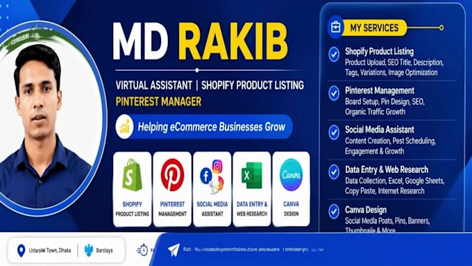 virtual assistant, shopify product listing, pinterest manager